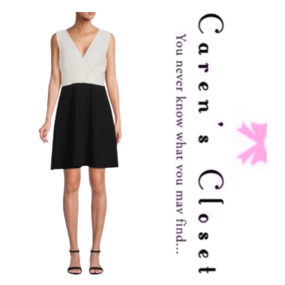 DKNY Black & White Chiffon Stretch Knit Cocktail Skater Fit & Flare Dress - Picture 5 of 16